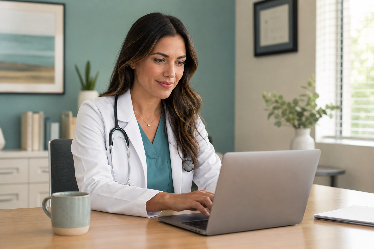 Clinician composing a secure message on a laptop